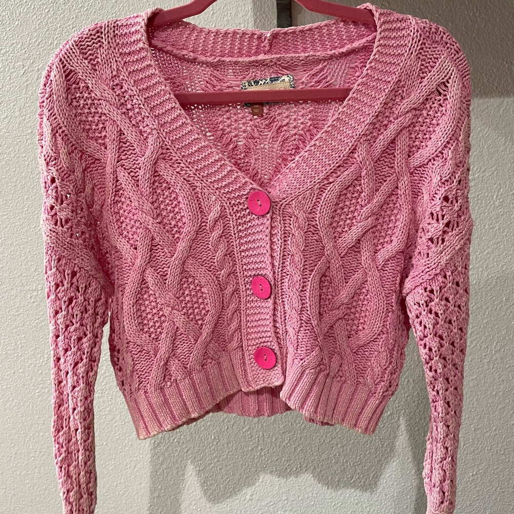 Pilcro Pink Button-Up Cable Knit Cardigan